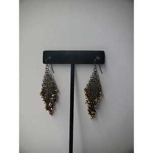 Vintage Earrings Pierced Hook Drop Dangle Gold Tone Faceted Beaded Mesh Jewelry